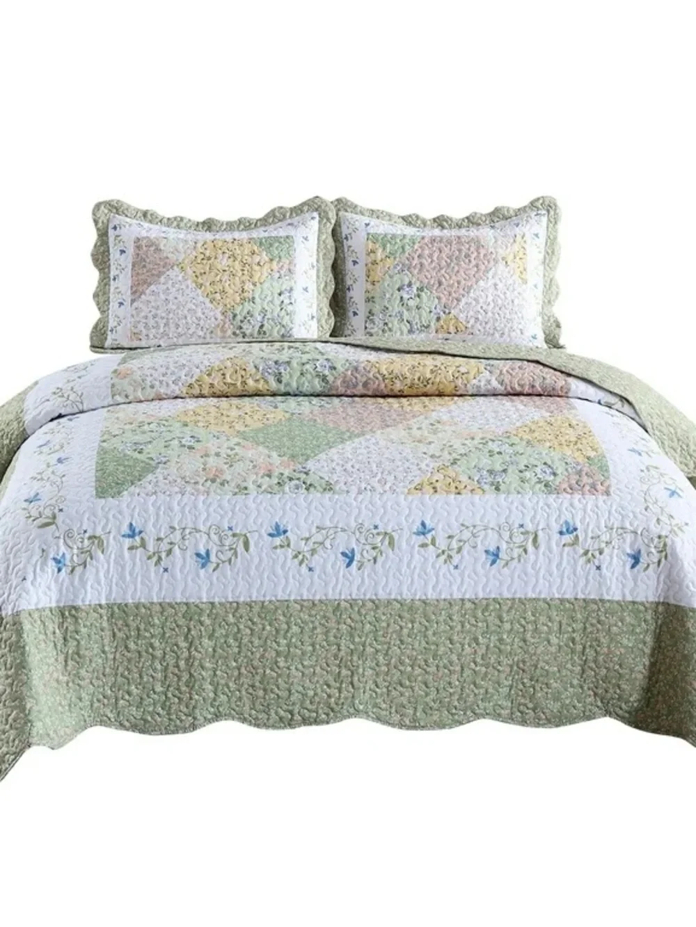 Floral Patchwork Green and White queen 3 piece Quilted Bedding Set